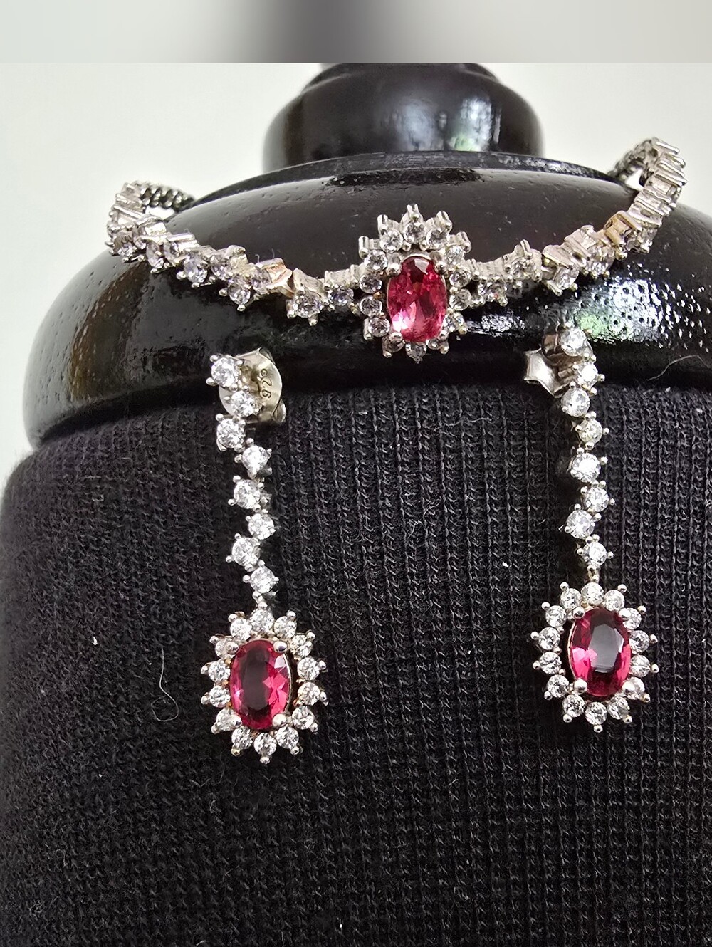 3 Pc Sterling Silver CZ Ruby Necklace, Bracelet and Drop Earring Set - Picture 3 of 9